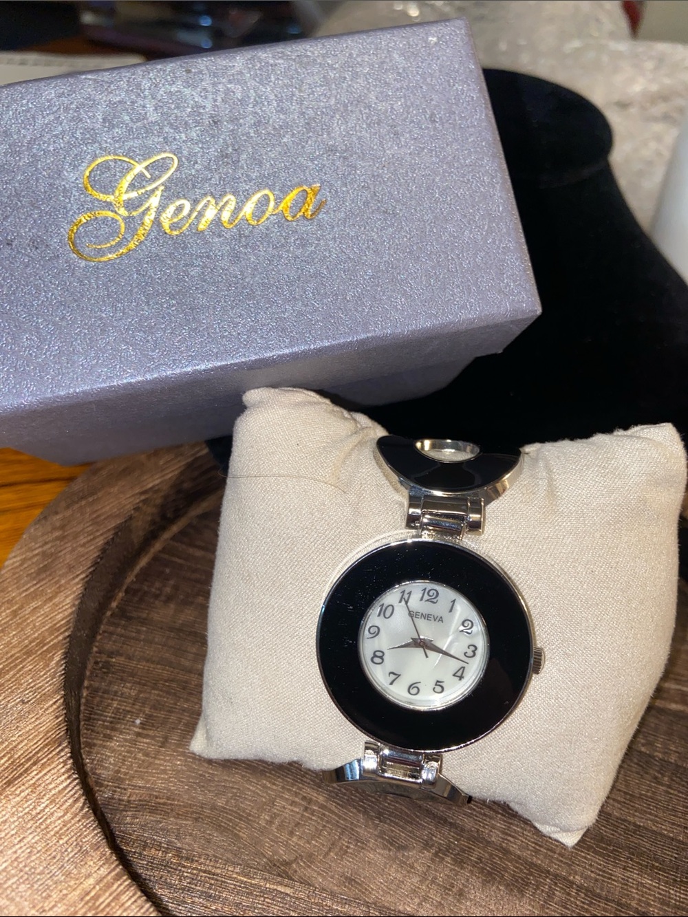 Black and Silver Round Cuff Bracelet Watch